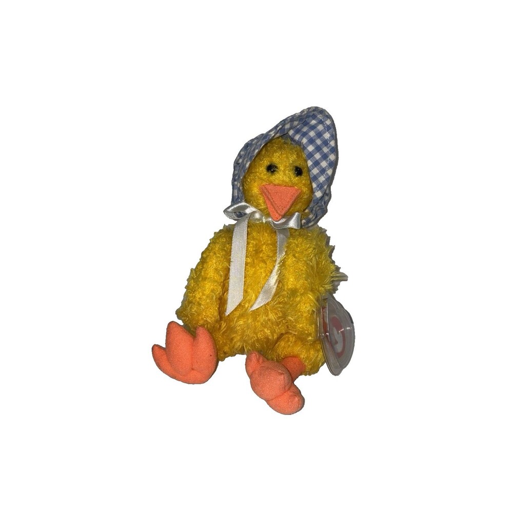 VTG TY Beanie Baby Yellow Duck Chick w/ Blue Gingham Bonnet Retired 1990s